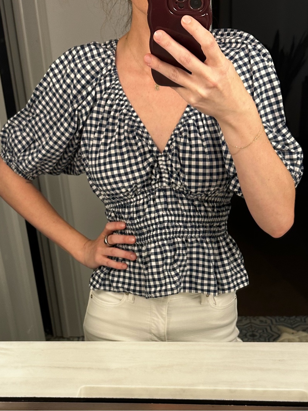 Old Navy navy blue and White Gingham V-Neck Peplum Top